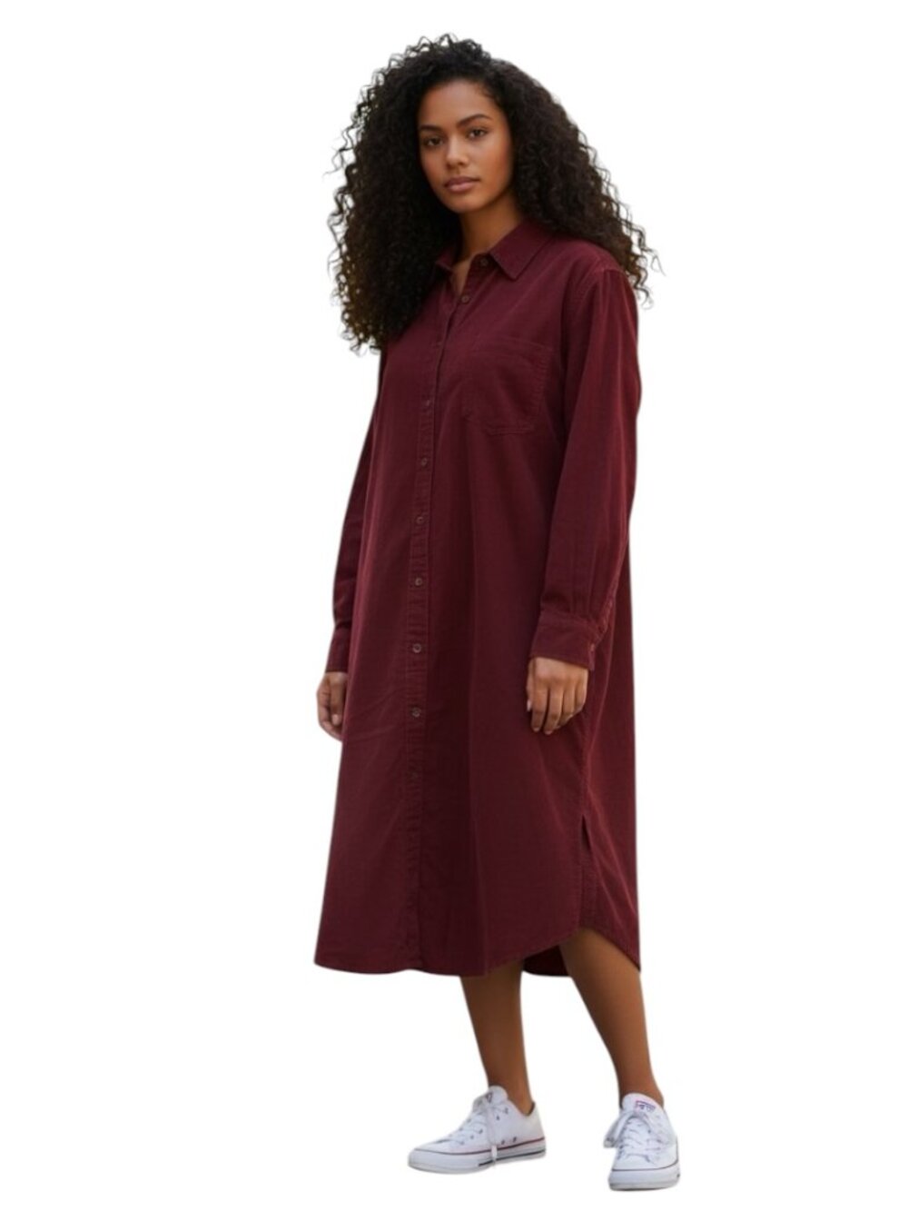 Lands End Corduroy Shirt Dress Womens L Burgundy Button Front Casual Long Sleeve